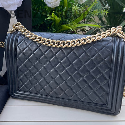 CHANEL Black Gold Le Boy Large Chain Shoulder Bag Quilted Classic