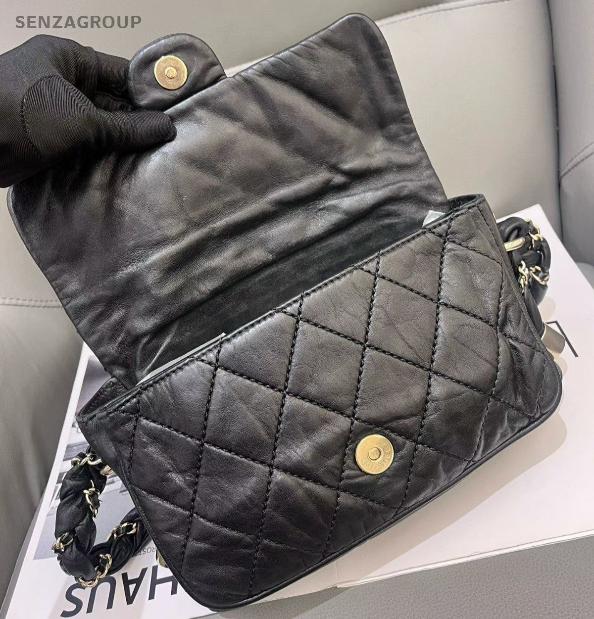 Chanel Classic Flap Diamond Black Gold Shoulder Bag Women Fashion