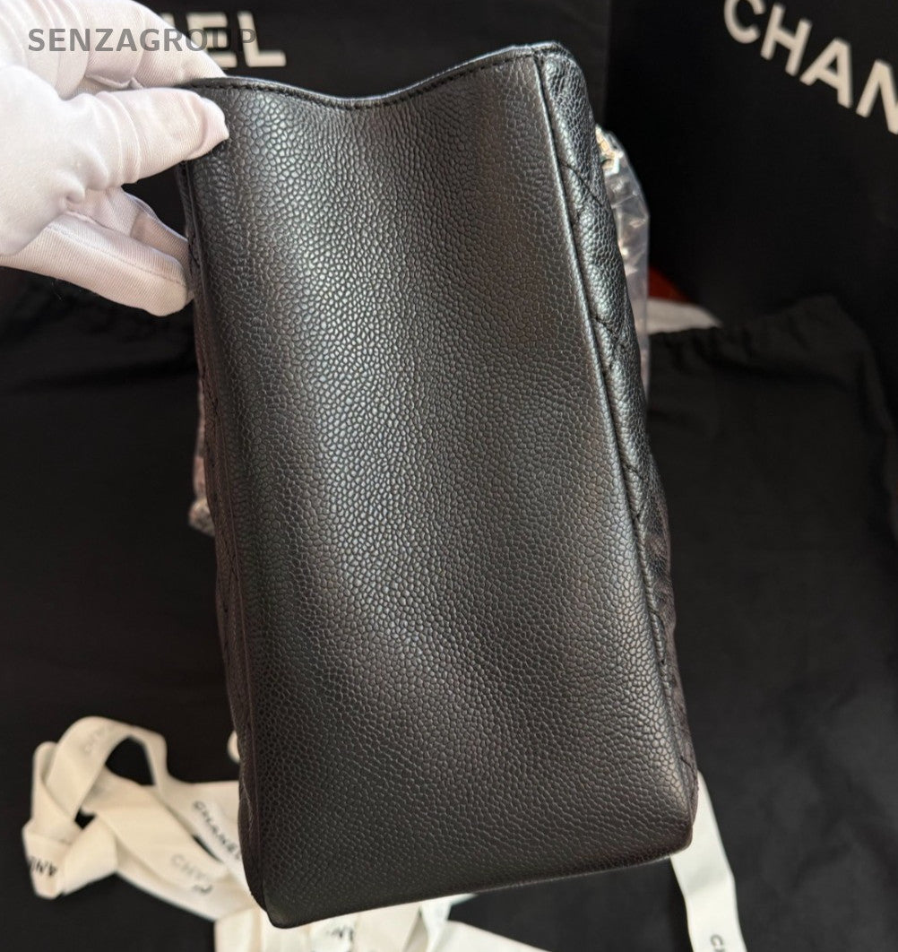 Chanel GST MM Calfskin Tote Chain Shoulder Bag Black Silver Women Classic