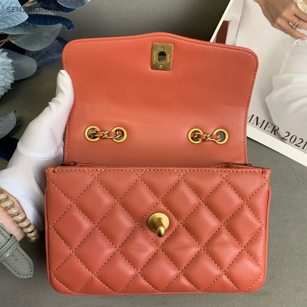 CHANEL Diamond pattern Cuban orange-red Chain Shoulder bag Crossbody Women