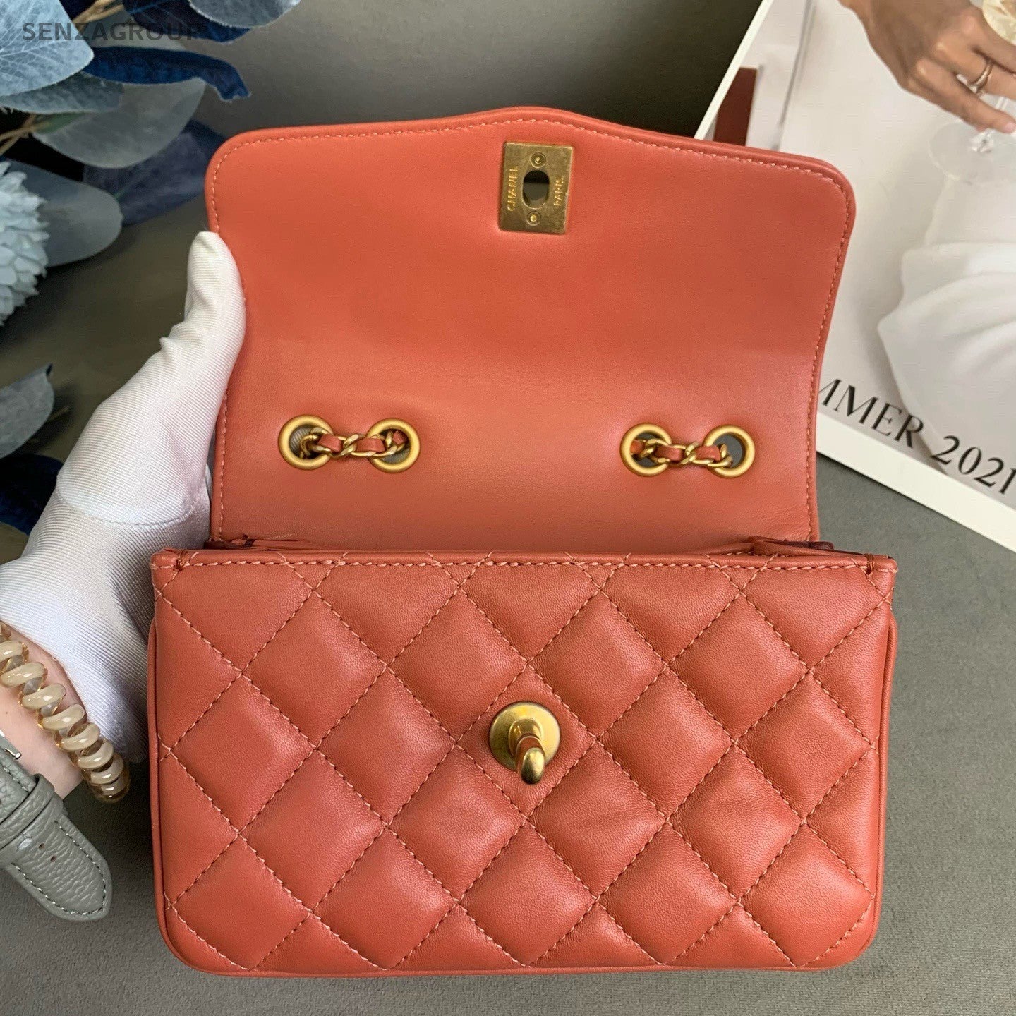 CHANEL Diamond pattern Cuban orange-red Chain Shoulder bag Crossbody Women