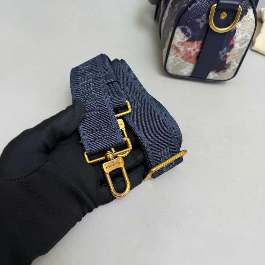 Louis Vuitton Keepall 25 Blue Gold 2Way Crossbody Top Handle Bag Women Classic