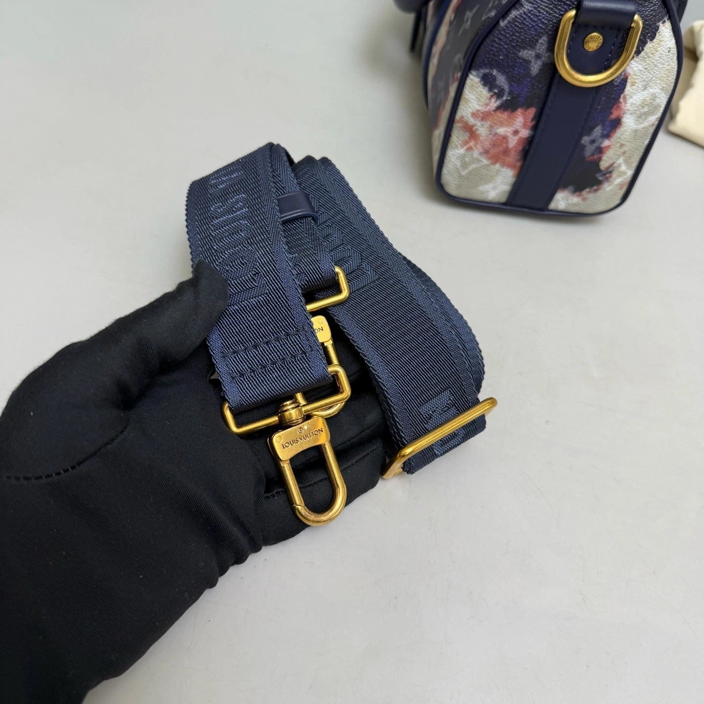 Louis Vuitton Keepall 25 Blue Gold 2Way Crossbody Top Handle Bag Women Classic