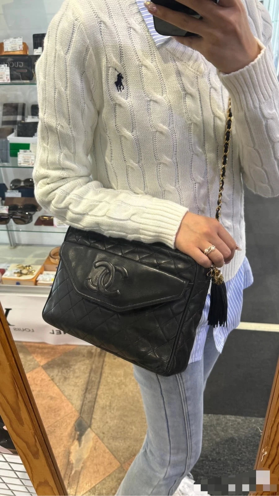 Chanel Vintage Tassel Lambskin Chain Shoulder Crossbody Bag Black Gold Women S