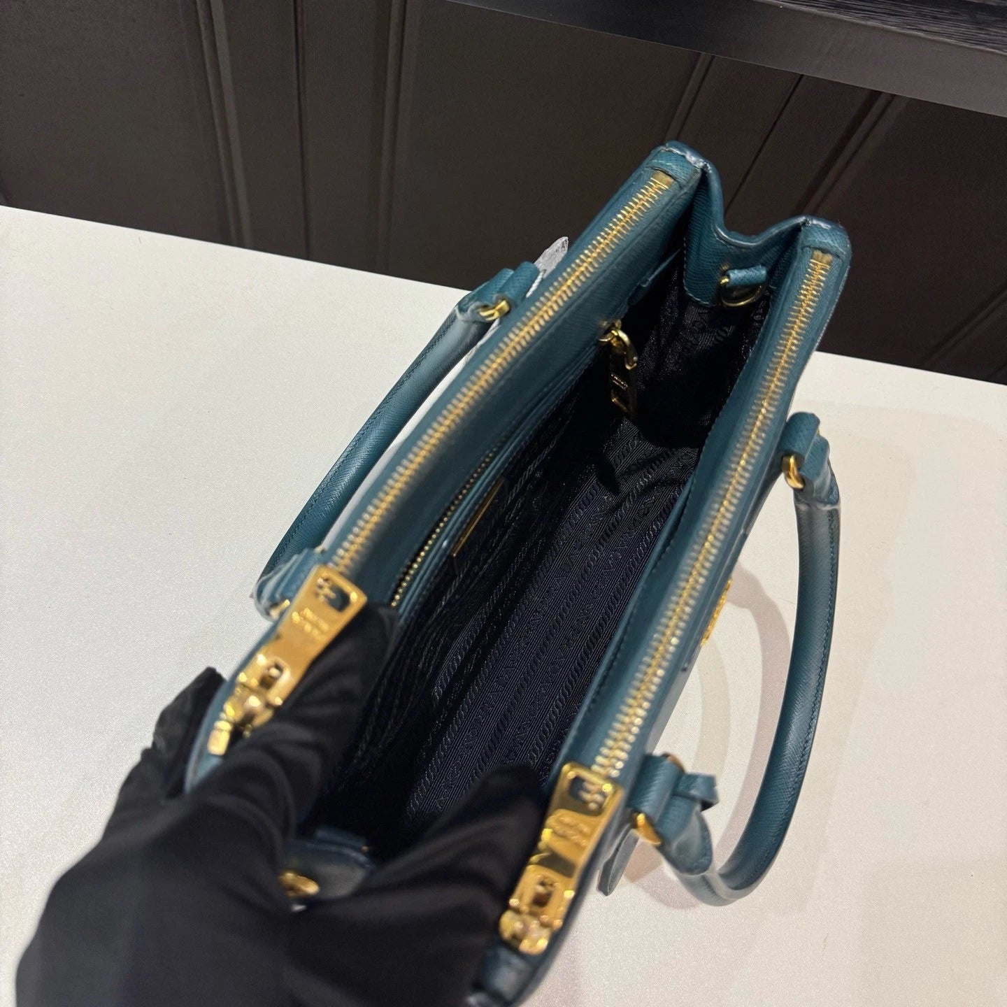 Prada Galleria 2Way Top Handle Bag Crossbody Blue Gold Used Women Classic