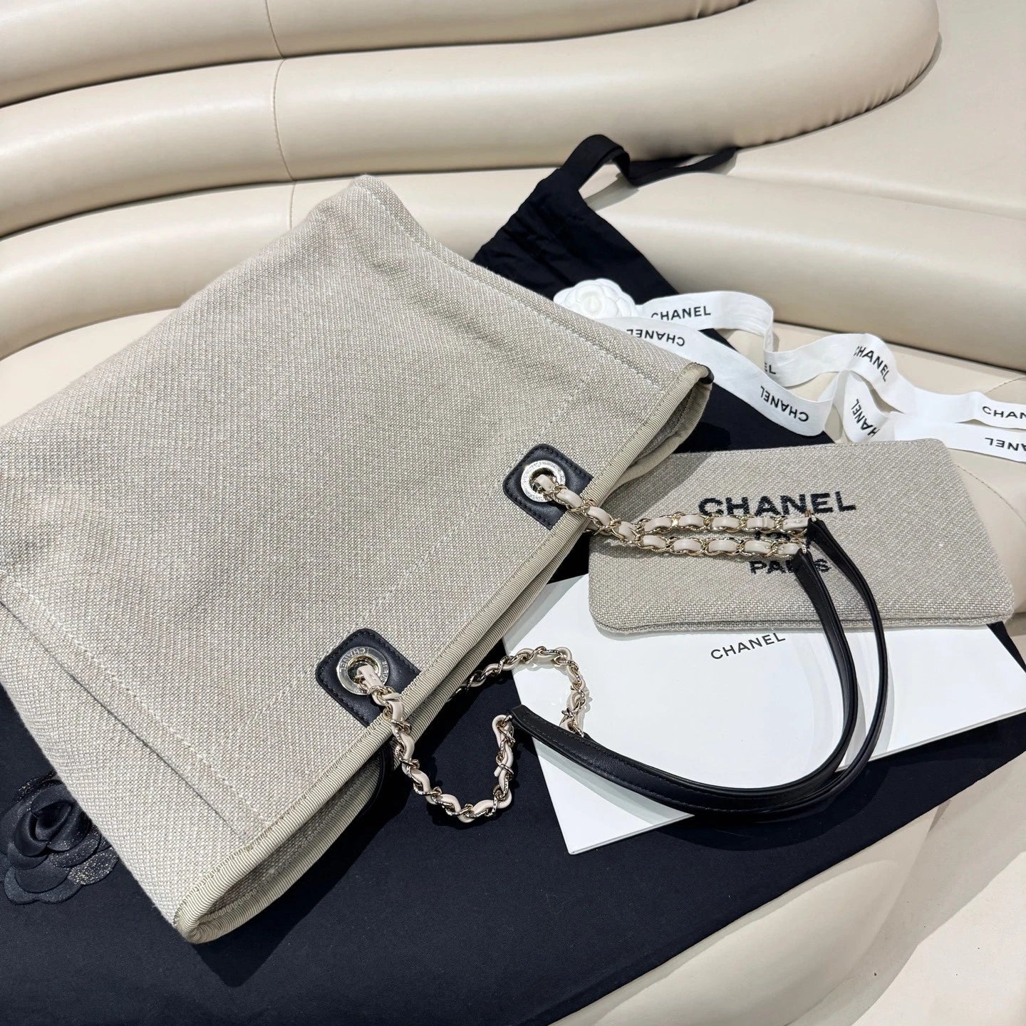 Chanel Deauville Tote Bag Large Canvas Shoulder Tote Black Women Classic