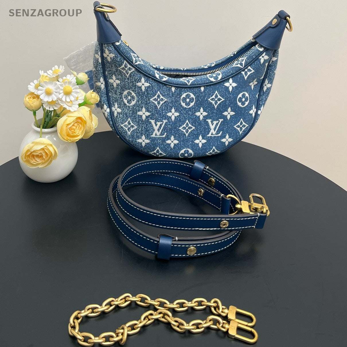 Louis Vuitton Denim Monogram Chain Shoulder Bag Blue Gold Women