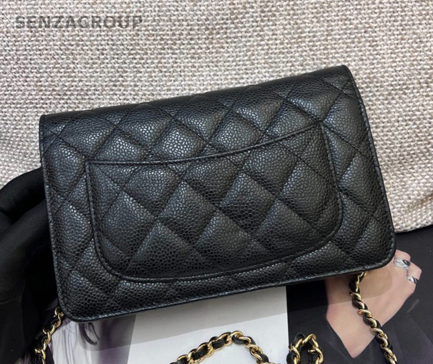 Chanel WOC Chain Shoulder Bag Crossbody Black Gold Diamond Women Classic