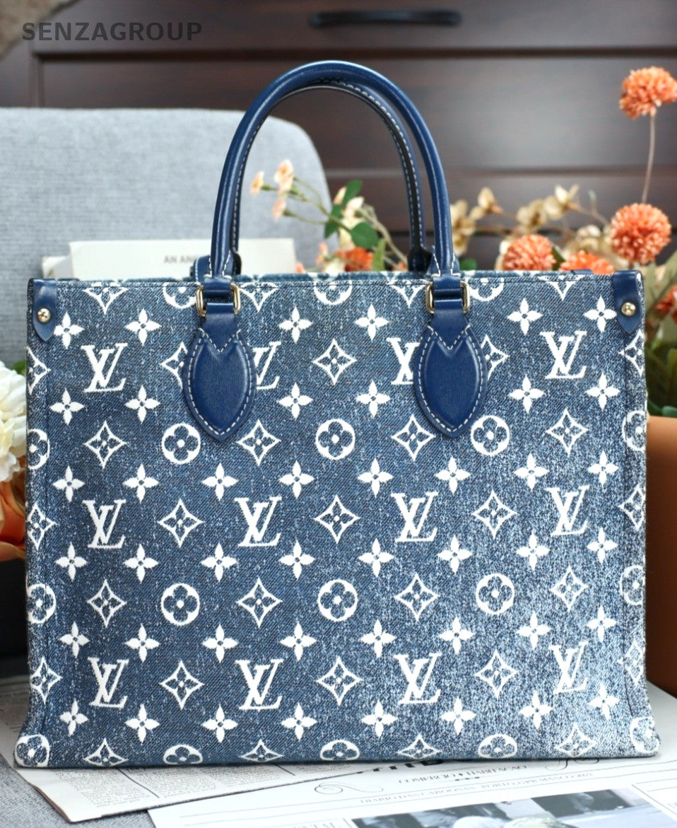 Louis Vuitton Onthego MM Denim Canvas Top Handle Shoulder Bag Women Blue