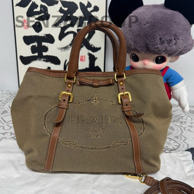 Prada Brown Canvas Tote Shoulder Crossbody Bag Women Classic Fashion
