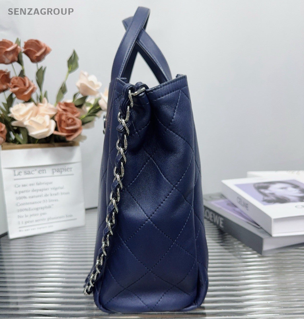 Chanel Calfskin Tote Handbag Chain Shoulder Bag Blue Silver Women Classic