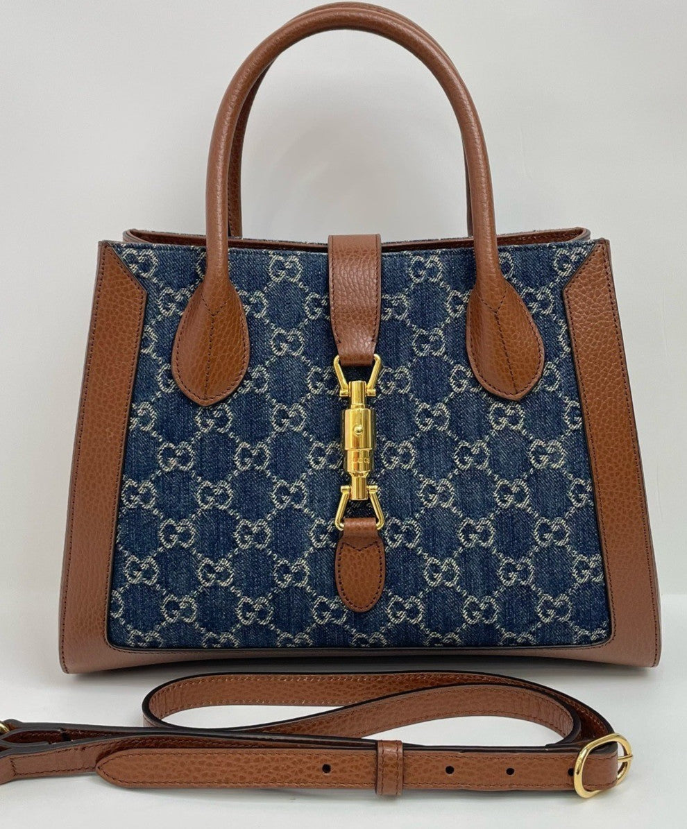 Gucci Jackie 1961 Denim Tote Top Handle Shoulder Crossbody Bag Blue Women