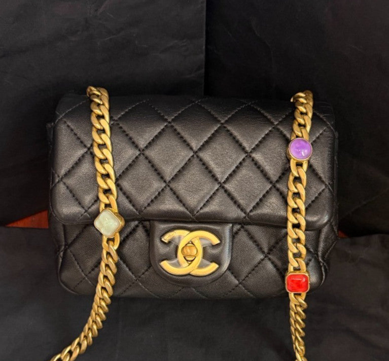 Chanel Classic Flap Colorful Chain Shoulder Bag Crossbody Black Gold Women