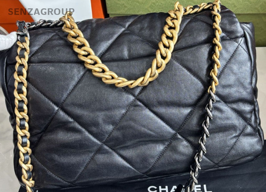 Chanel 19 Maxi Chain Shoulder Bag Crossbody Black Gold Women Classic