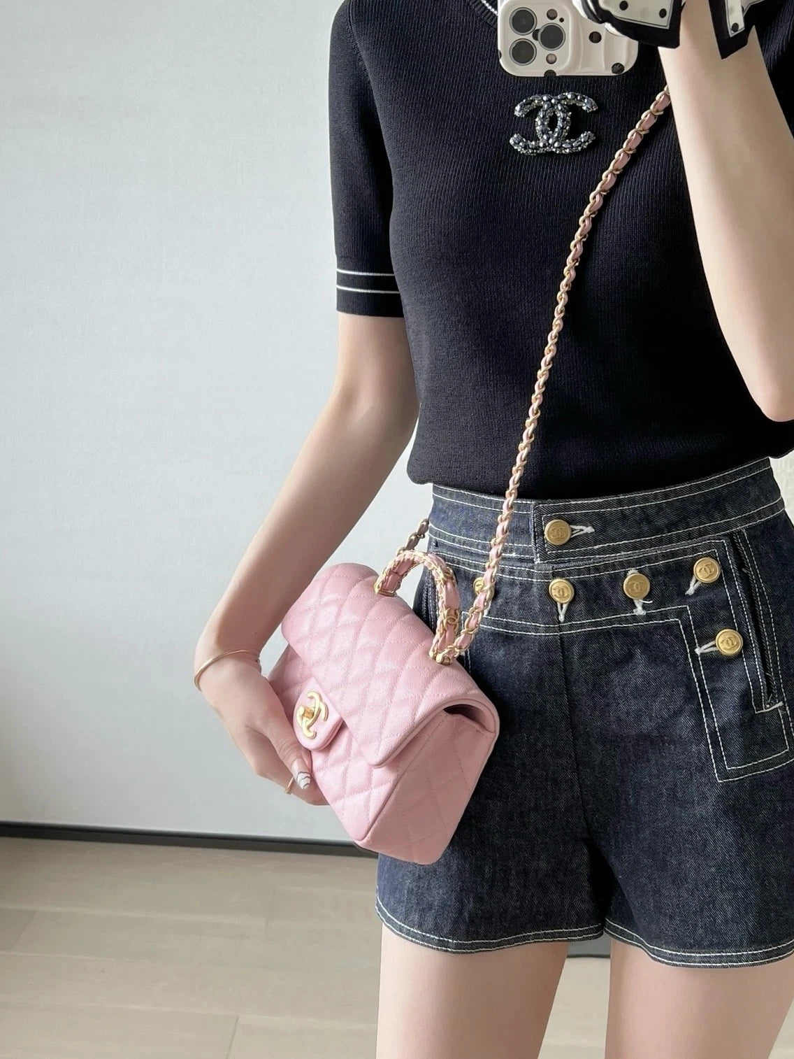 New CHANEL CF Mini Pink Leather Top Handle Shoulder Bag For Women