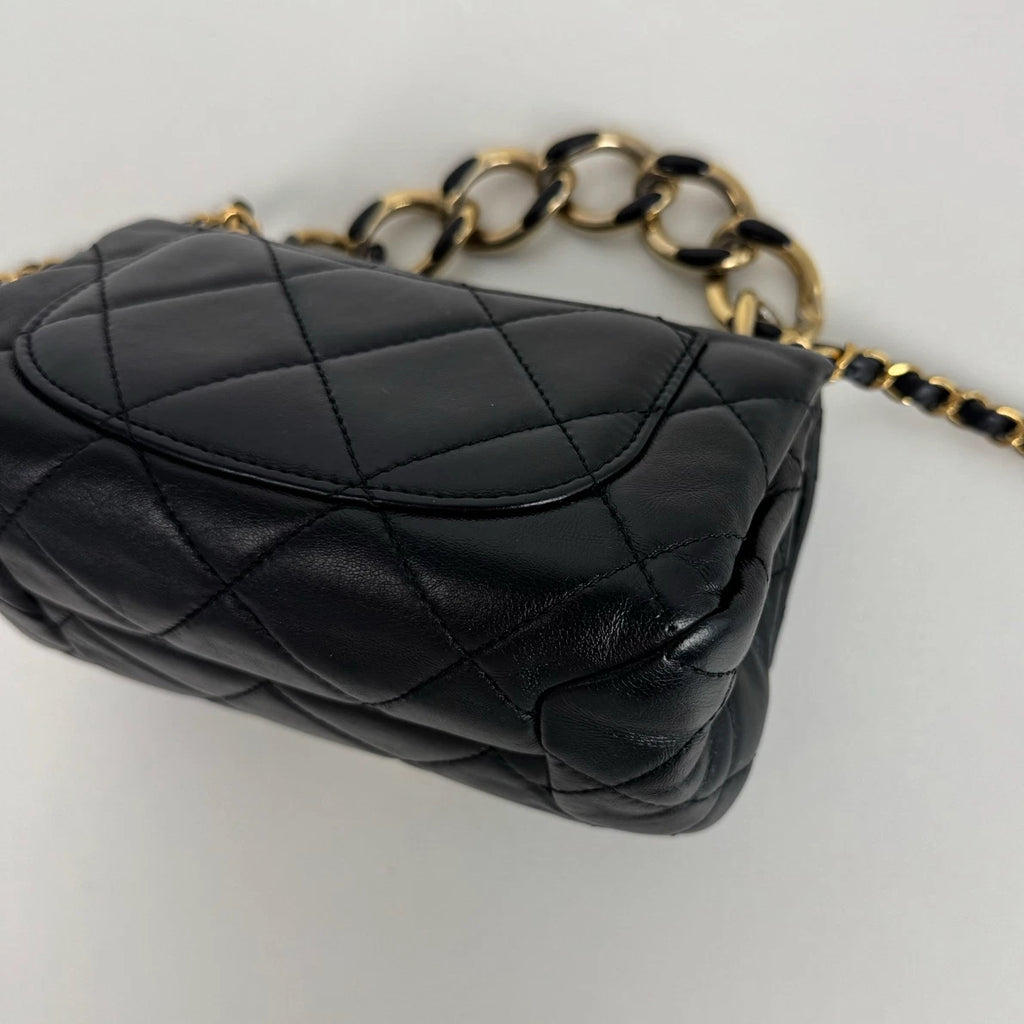 Chanel Diamond Mini Chain Shoulder Bag Crossbody Black Gold Women Classic