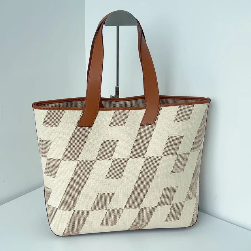 Excellent Hermes Cabas H En Biais Canvas Brown White Tote Handbag Shoulder Bag