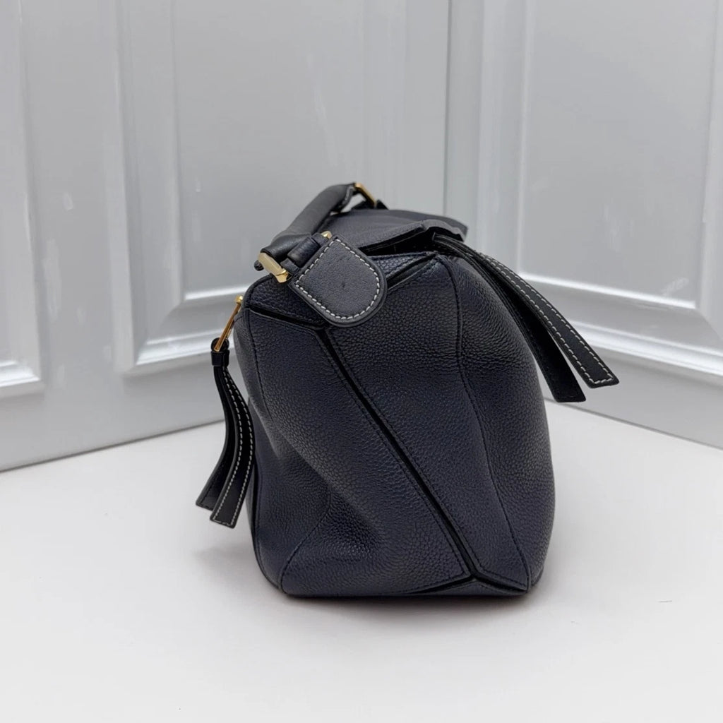 Loewe Puzzle Navy Calfskin Top Handle Crossbody Bag Gold Hardware Women
