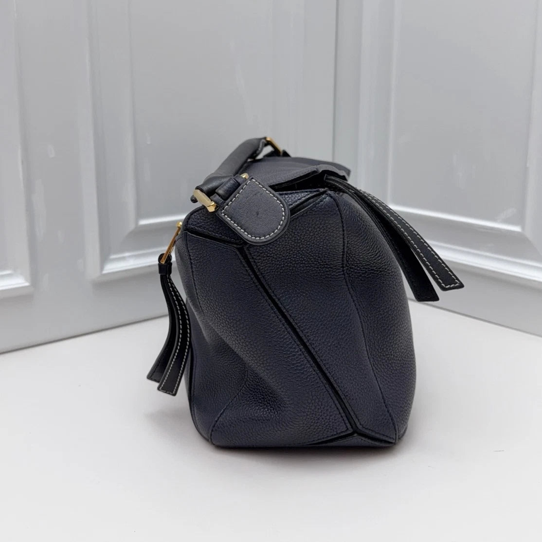 Loewe Puzzle Navy Calfskin Top Handle Crossbody Bag Gold Hardware Women