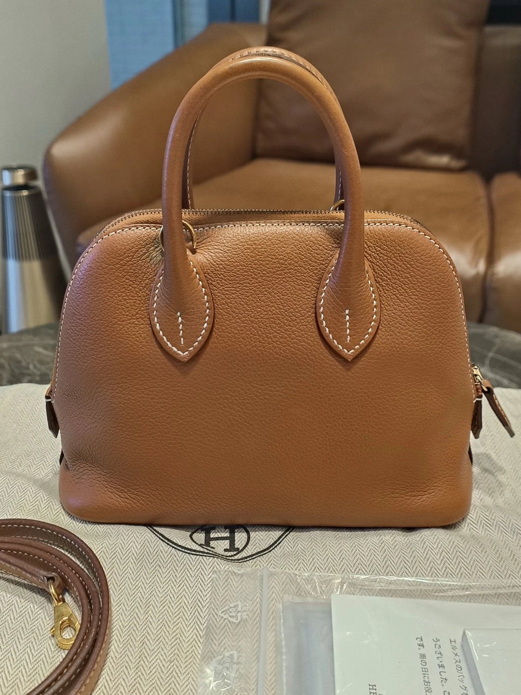 Hermes Bolide Mini Evercolor Leather Top Handle Crossbody Brown Gold Women