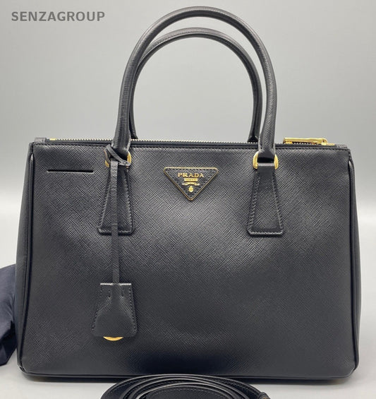 Prada Saffiano Lux Top Handle Bag Crossbody Black Gold Women Classic