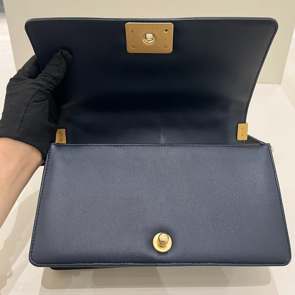 Chanel Le Boy Medium Chevron Blue Gold Chain Shoulder Crossbody Bag