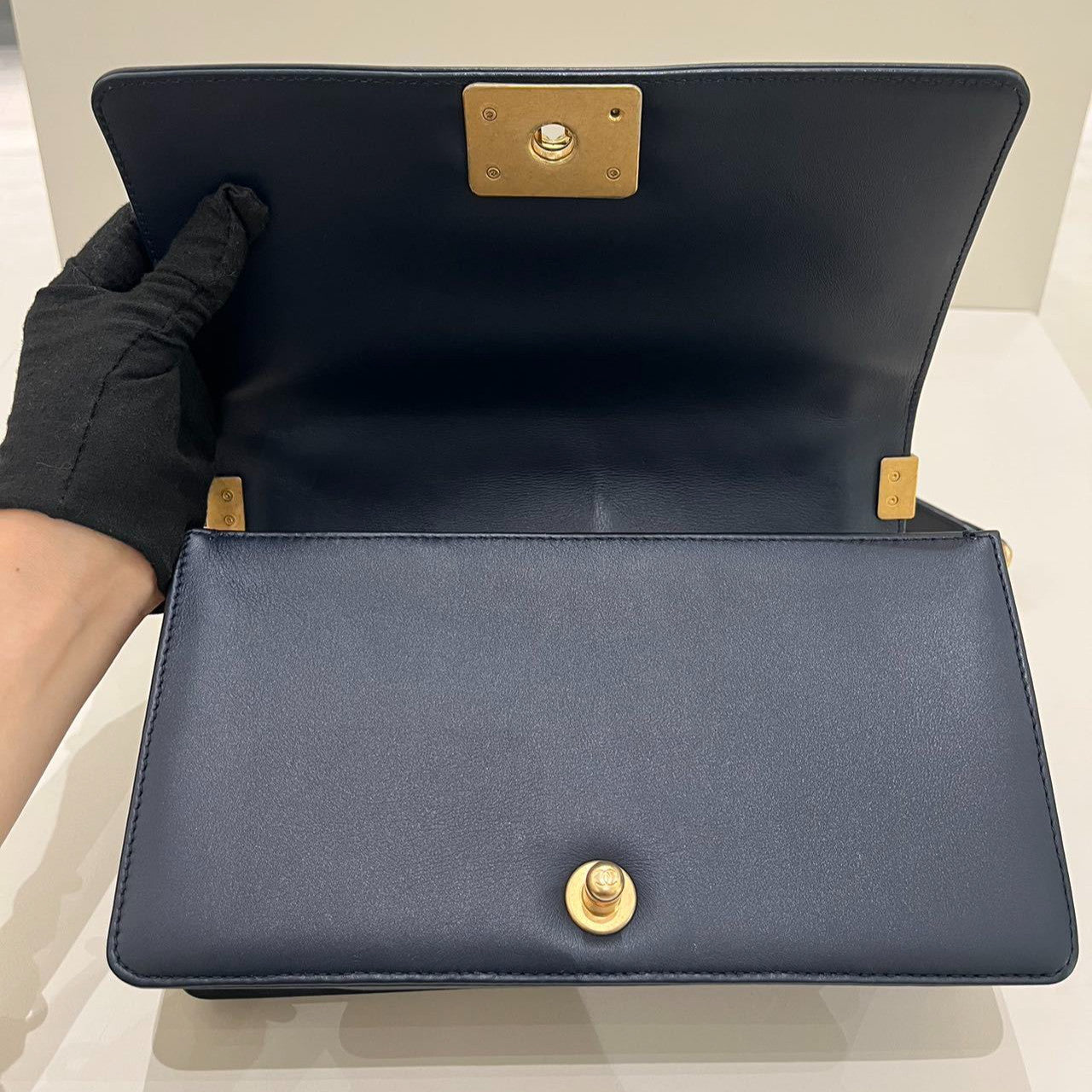 Chanel Le Boy Medium Chevron Blue Gold Chain Shoulder Crossbody Bag