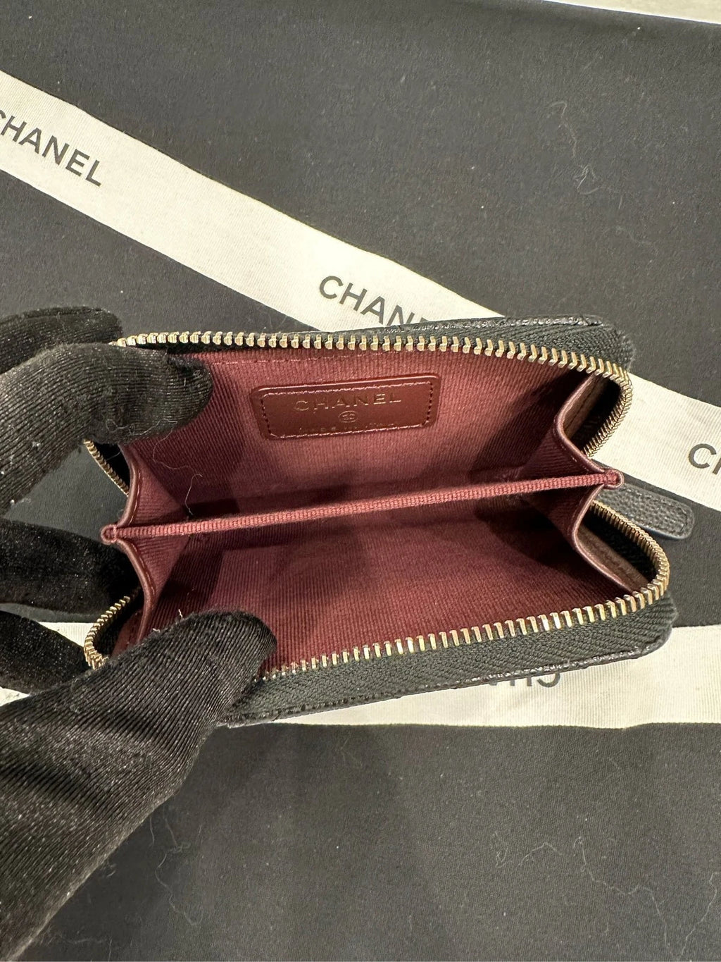 CHANEL Black Leather Zip Card Wallet For Women