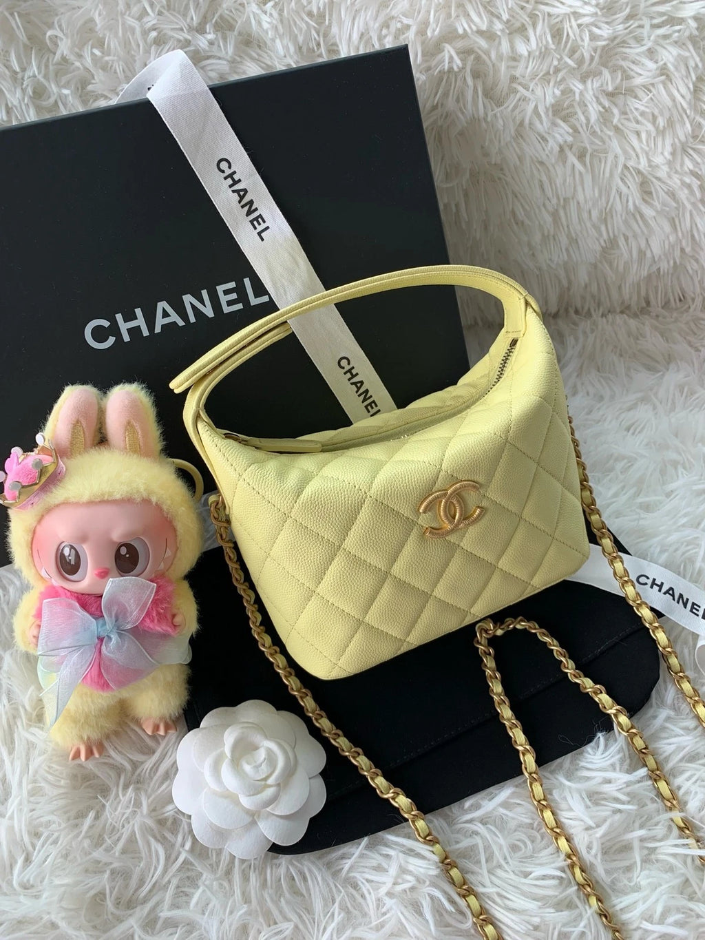 CHANEL Yellow Calfskin Logo Top Handle Lunch Box Bag For Women