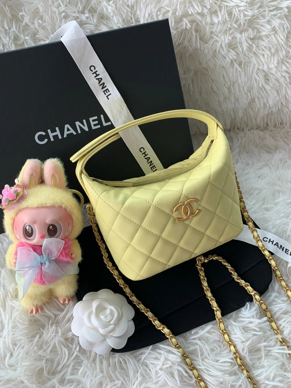 CHANEL Yellow Calfskin Logo Top Handle Lunch Box Bag For Women