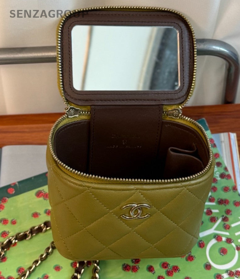 CHANEL Vanity Box mini Top handle 2way Chain Shoulder Handbag Women Olive green