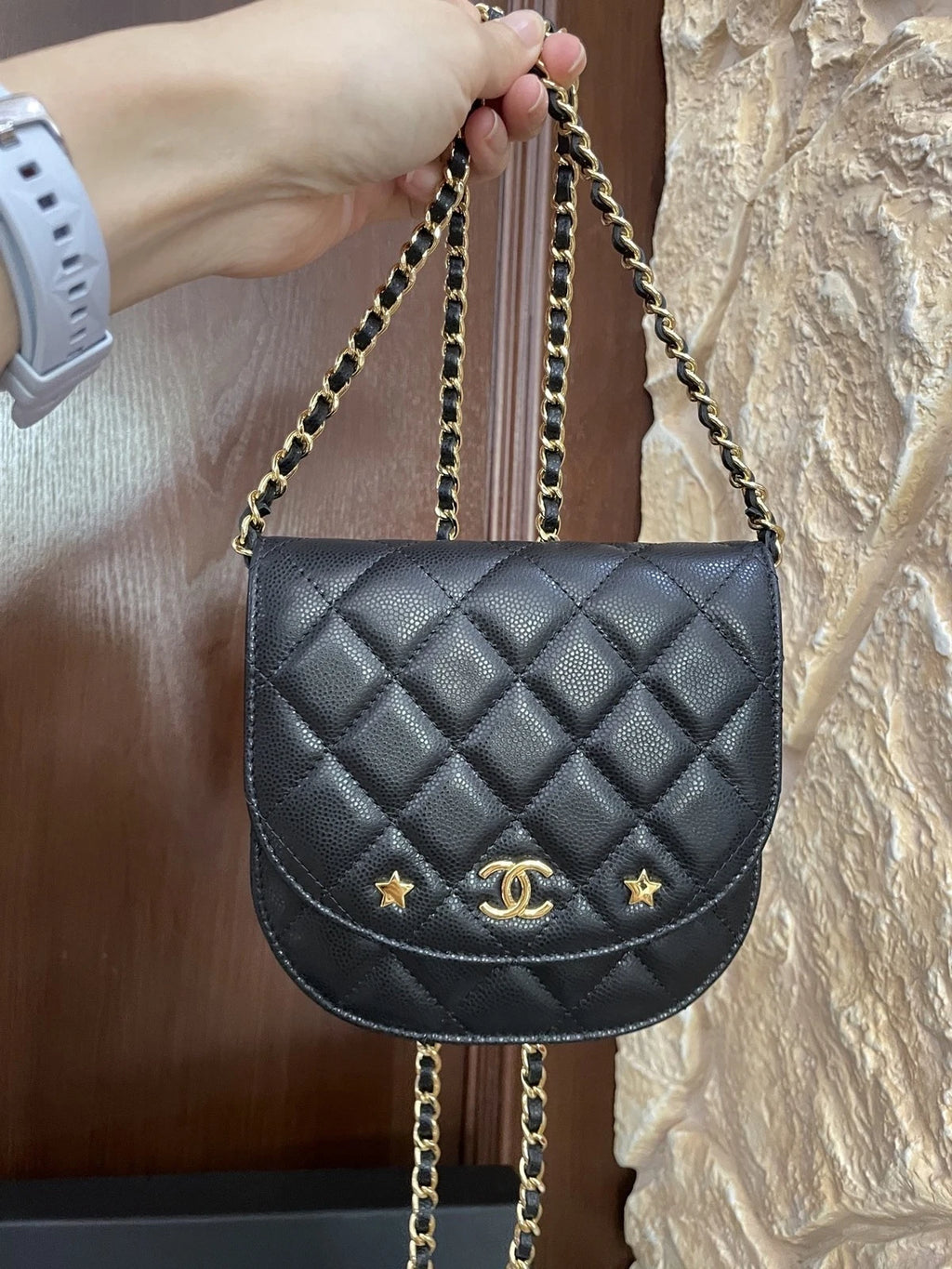 Chanel Black Gold Caviar Leather Star Saddle WOC Chain Bag For Women