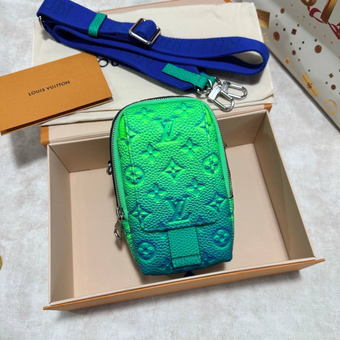 Louis Vuitton Taurillon Illusion Double Phone Flap Pouch Green Crossbody