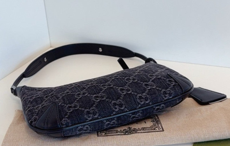 GUCCI Horsebit Slim Denim Black Monogram Shoulder Handbag  Women