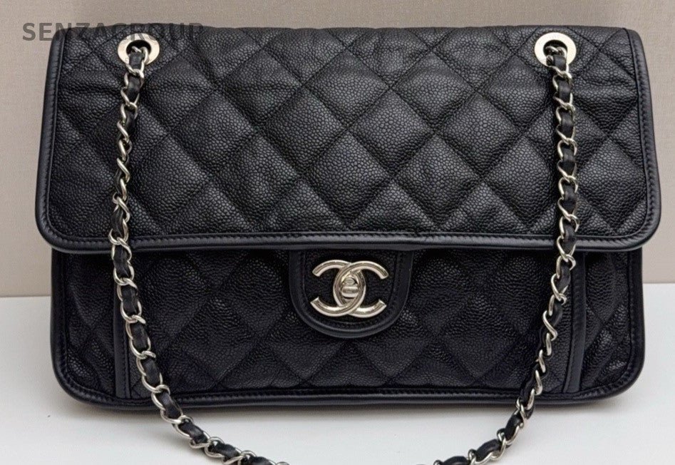 Chanel Classic Flap Calfskin Chain Shoulder Bag Black Silver Women Diamond