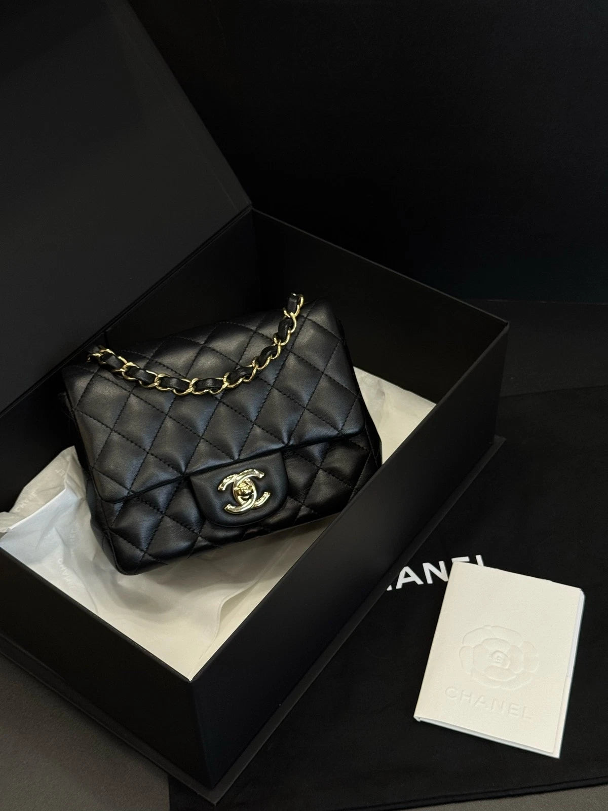 CHANEL Black Gold Lambskin Square Mini Chain Bag For Women
