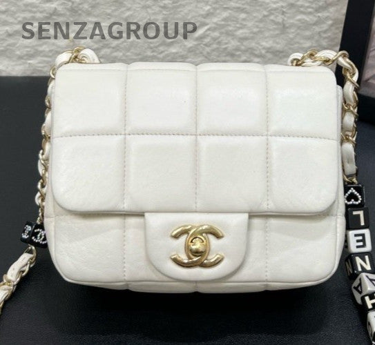 Chanel Diamond Chain Shoulder Bag Crossbody White Gold Women Classic