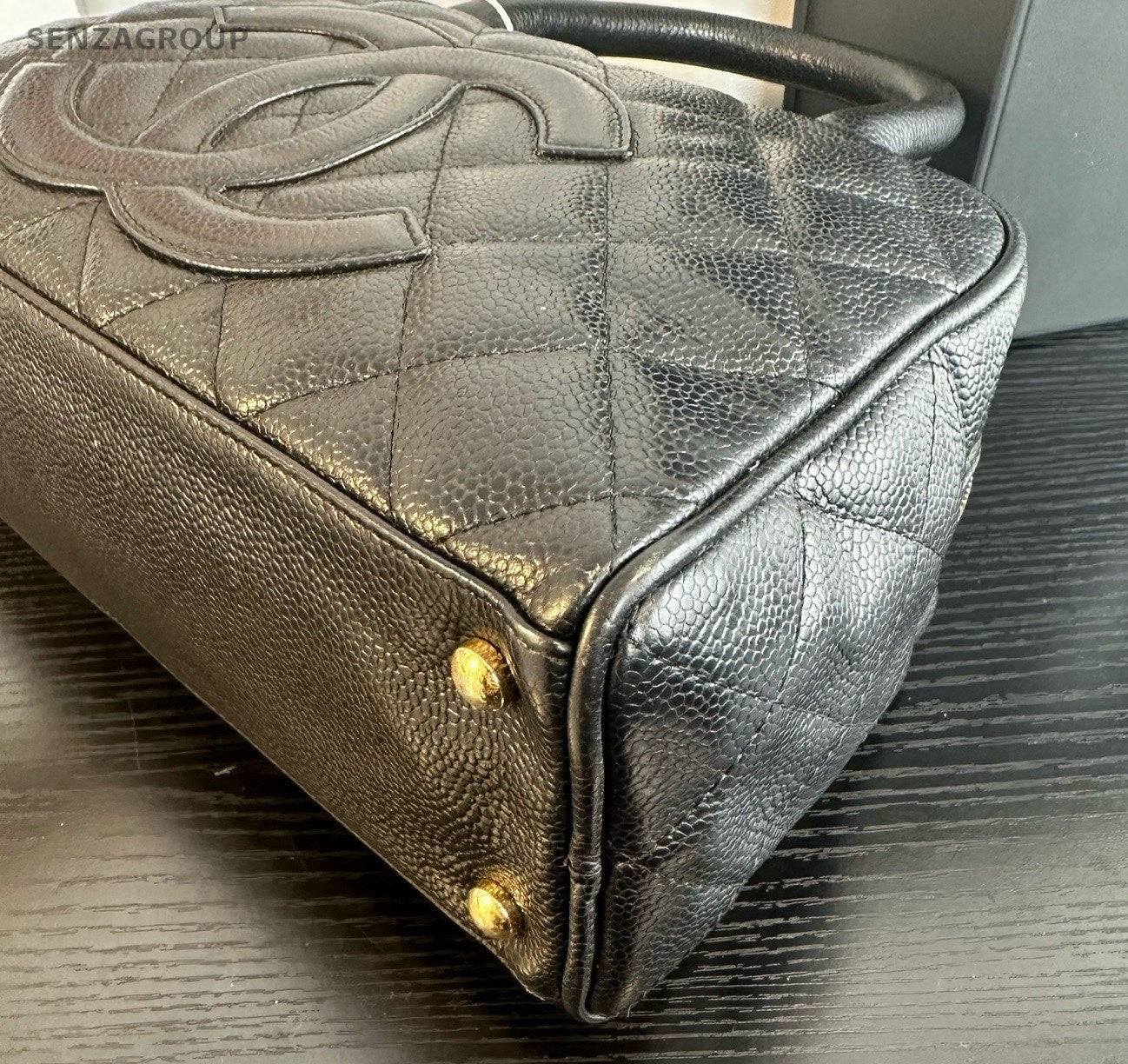 Chanel Bolide PM CC Logo Top Handle Bag Black Gold Used Women Classic Diamond