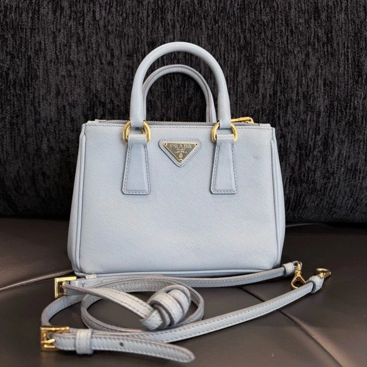 Prada Galleria Mini Tote Classic Logo Top Handle Crossbody Bag Blue Women D