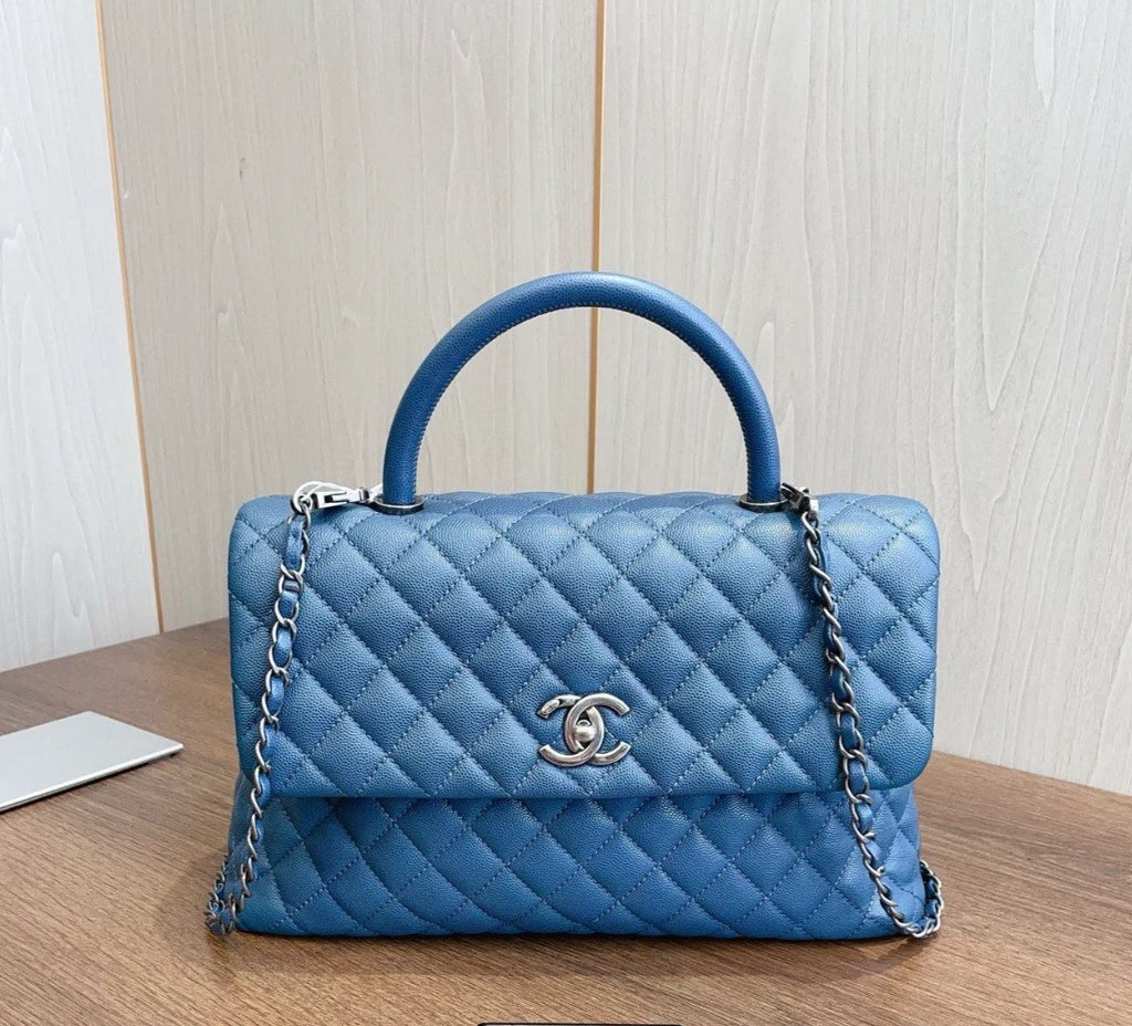 CHANEL Coco Handle Calfskin GM Top Handle Bag Crossbody Bag Blue Women