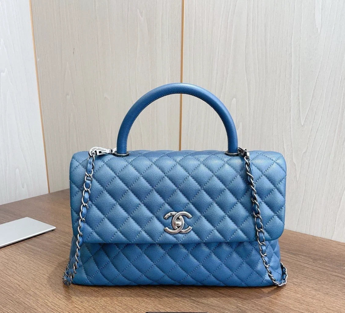 CHANEL Coco Handle Calfskin GM Top Handle Bag Crossbody Bag Blue Women