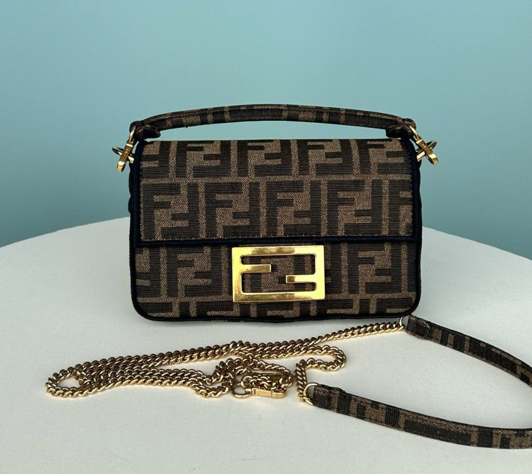 Fendi Baguette Mini Chain Top Handle Crossbody Brown Gold Women Classic