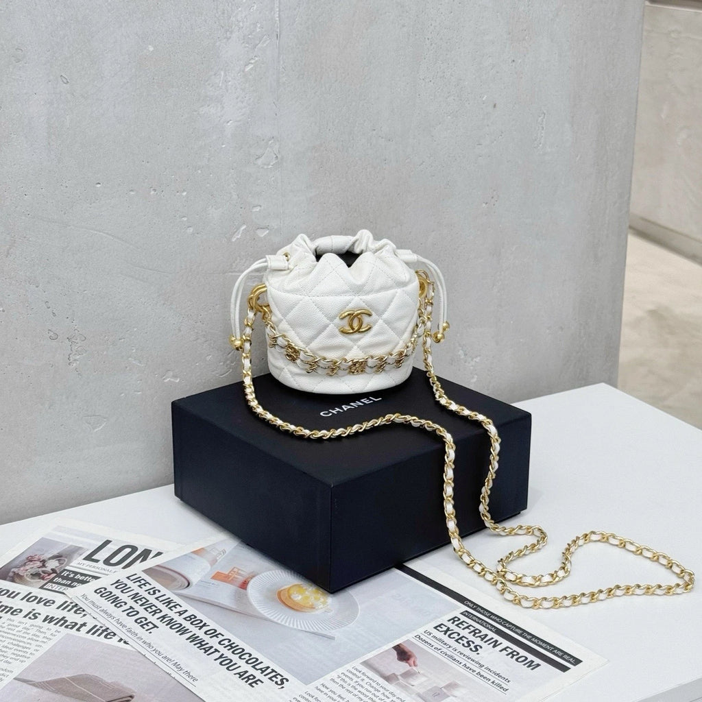CHANEL White Mini Leather Bucket Crossbody Bag For Women