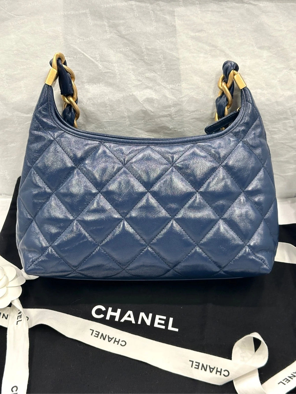 CHANEL Medium Navy Lambskin Hobo Shoulder Bag For Women