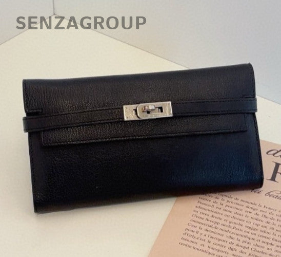 Hermes KellyToGo Lambskin Clutch Chain Shoulder Bag Black Silver Women Classic