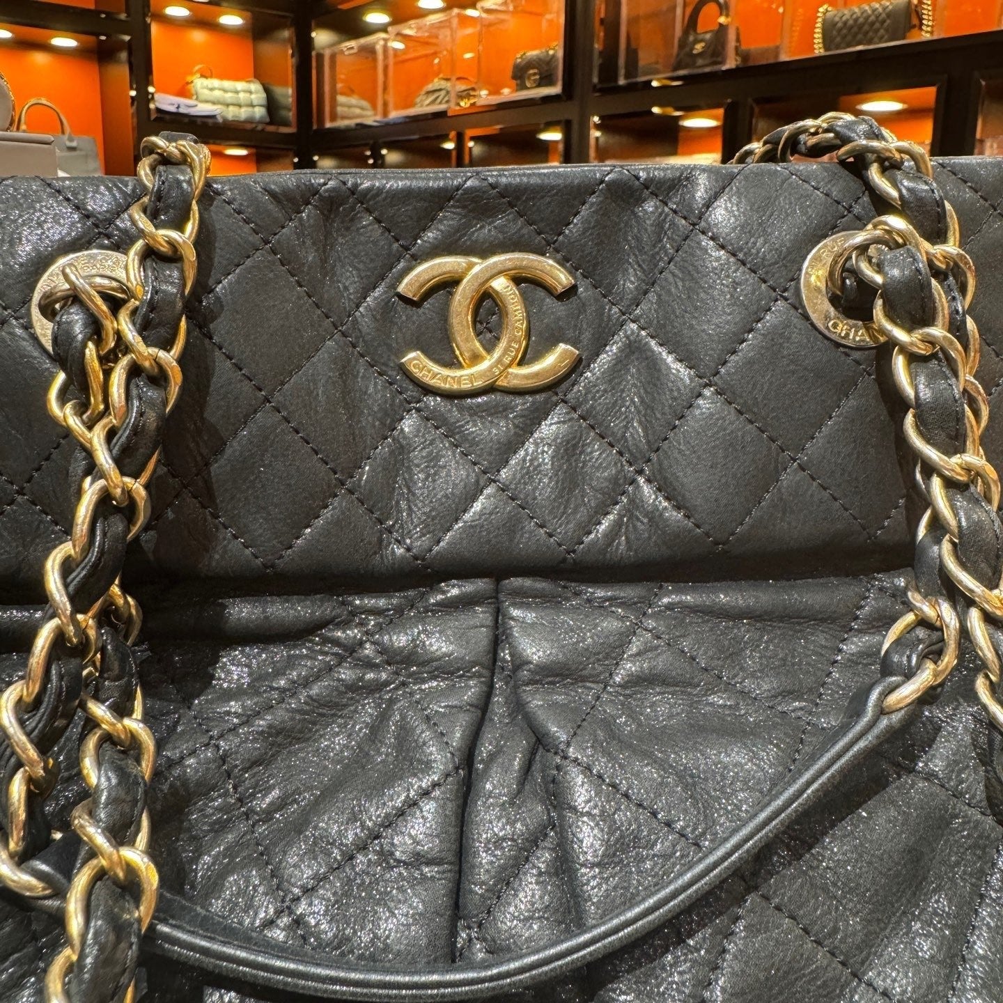 CHANEL Bowling Vintage Tote Calfskin Chain Shoulder bag Black Gold Women
