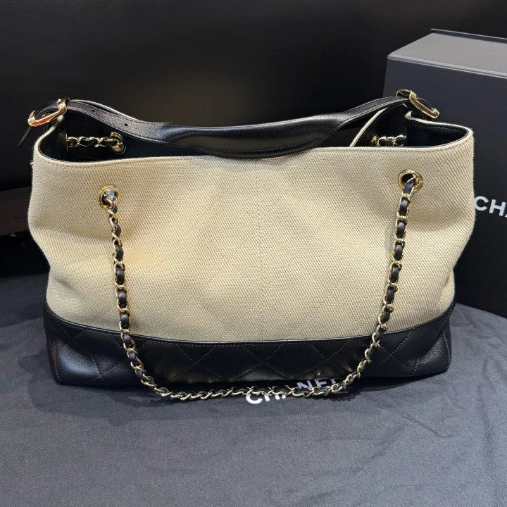 Chanel Tote Chain GM Canvas Lambskin Shoulder Bag Beige Black Gold Women D
