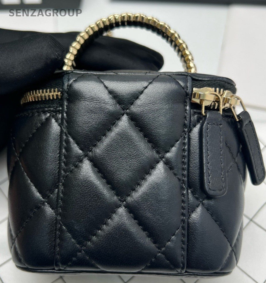 Chanel 24B Lambskin 2Way Top Handle Bag Crossbody Black Gold Women Classic