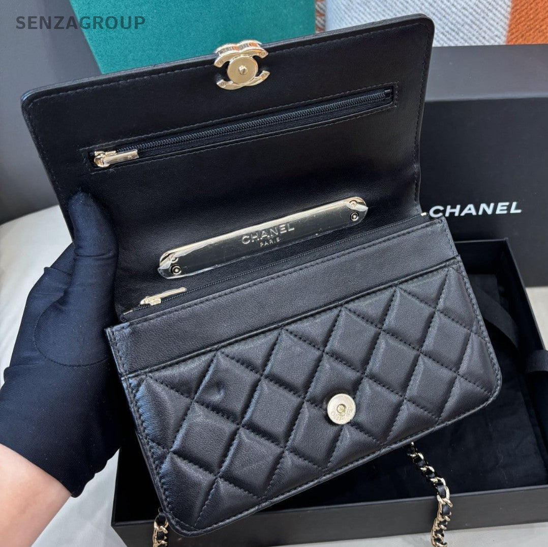 Chanel WOC Diamond Chain Shoulder Bag Crossbody Black Gold Women Classic