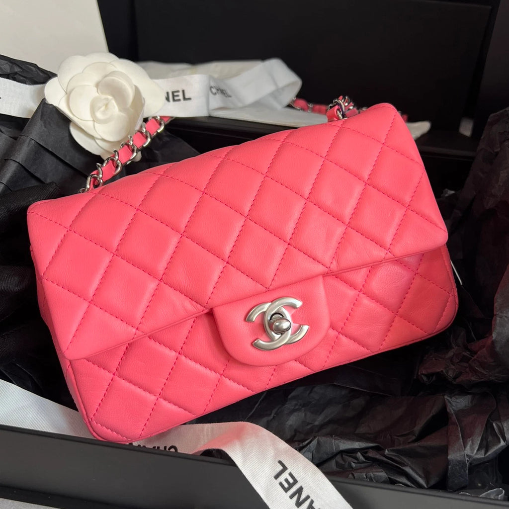 Chanel Classic Flap Mini Chain Shoulder Crossbody Pink Silver Women Fashion